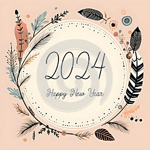 2024 new year greeting card banner, Boho hand drawn style, pastel color, generated, generative AI illustration