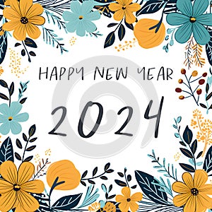 2024 new year greeting card banner on flower border frame, hand drawn style, AI generated, generative AI illustration