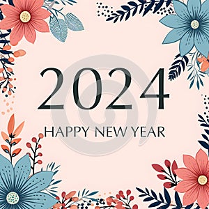 2024 new year greeting card banner on flower border frame, hand drawn style, AI generated, generative AI illustration
