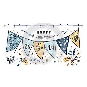 2024 new year greeting card banner, hand drawn style, AI generated, generative AI illustration