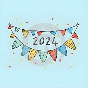 2024 new year greeting card banner, hand drawn style, AI generated, generative AI illustration