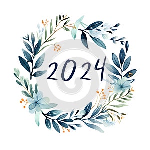 2024 new year greeting card banner on watercolor flower wreath, hand drawn style, AI generated, generative AI illustration