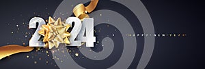 2024 New Year greeting card design with golden gift bow and glitter. Christmas selebrate with style, luxury, and festive