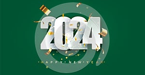 2024 New Year greeting card on green background. Festive illustration with confetti and sparkles