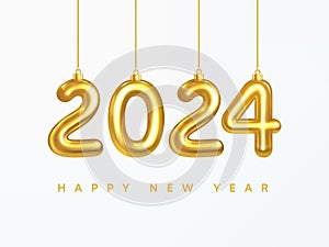 2024 New Year Greeting Card. Number 2024 hanging on a golden Christmas tree thread. Happy New Year. Christmas decoration.