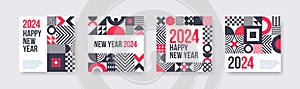 2024 new year greeting card set. Poster set with geometric shapes and pattern. Monochrome design with red elements.