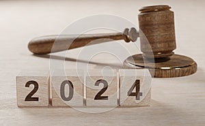 2024 New Year and judge\'s gavel on table. Justice, Law, lawyer, judgment, . new laws in year