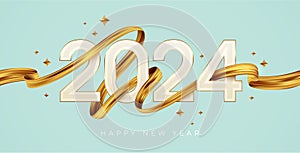 2024 New Year logo with golden paint brushstroke. New Year sign with golden ribbon.
