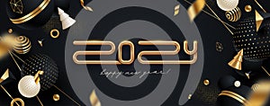 2024 new year logo. Greeting design with golden number of year on black and gold background with abstract shapes.