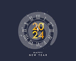 2024 New Year and Merry Christmas banner with gold vintage clock and Roman numerals.