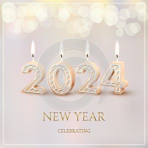 2024 New Year and Merry Christmas holiday party celebrating, 2024 candle numbers with fire. Candlelight beige decor with