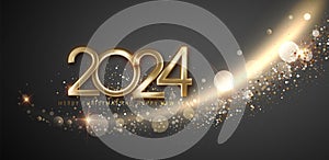 2024 New Year and Merry Christmas shiny gold wave design, radiating elegance and celebration