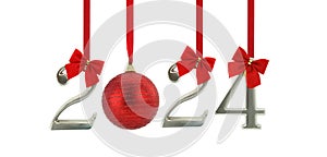 2024 New Year number hanging wirh red ribbons isolated on white background