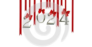 2024 New Year number hanging wirh red ribbons isolated on white background