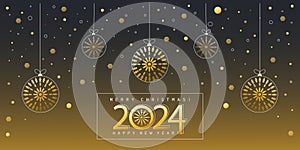 2024 New Year party. Merry Christmas and Happy New Year background. Shimmering golden particles.