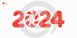 2024 New Year. Red glossy numbers with striped number 0. Isolation on white background. For 2024 New Year Card. Christmas