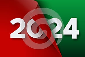 2024 New Year red paper sheet with curled corner. Curled page corner with shadow and numbers. Colorful 2024 New Year banner