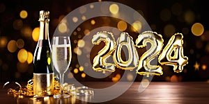 2024 New Year's celebration with champagne and golden balloons in the shape of 2024. New Year's party invitation