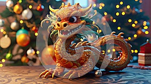 2024 New Year\'s poster with a cartoon 3d dragon on the background of a Christmas tree.