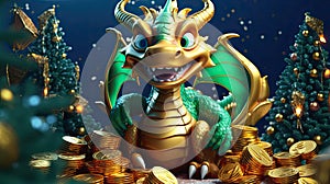 2024 New Year\'s poster with a cartoon 3d dragon on the background of a Christmas tree.