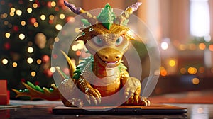 2024 New Year\'s poster with a cartoon 3d dragon on the background of a Christmas tree.