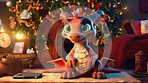 2024 New Year\'s poster with a cartoon 3d dragon on the background of a Christmas tree.