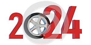 2024 New Year safe drive. Tire on alloy wheel and red number isolated on white 3d render