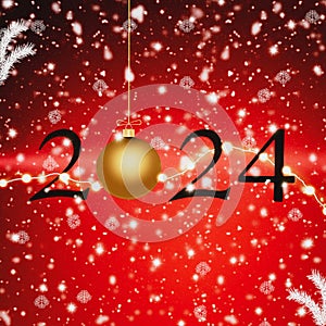2024 New Years Red Snowy Background with Gold Ornament