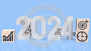 The 2024 Number and icon Business on wood cube 3d rendering