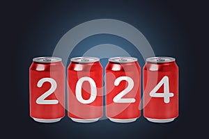 2024, Red soda cans with the number 2024 on blue background. Happy New Year