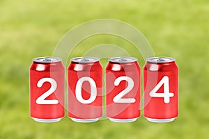 2024, Red soda cans with the number 2024 on green background. Happy New Year