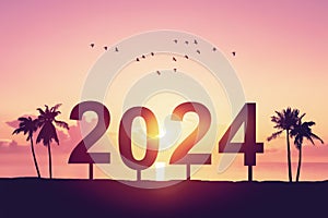 2024 sign number with palm tree and birds flying at tropical sunset beach abstract background. Happy new year and holiday