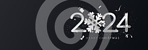 2024 with silver Happy New Year background adorned with snowflakes. Black New Year backdrop featuring warm wishes. Ideal