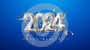 2024 silver metal numerals on a blue background. Holiday illustration with date 2024.