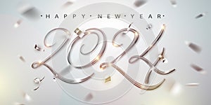 2024 silver metallic numbers with falling confetti on bright background. Merry Christmas and Happy New Year greeting