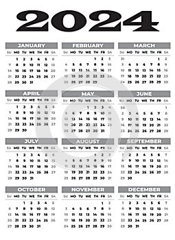 2024 Sunday Start Portrait Black and White Calendar