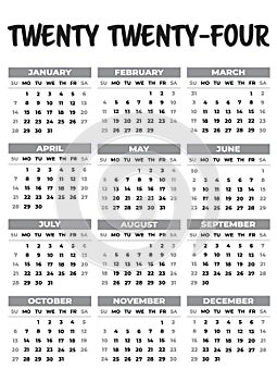 2024 Sunday Start Portrait Black and White Calendar