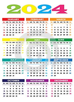 2024 Sunday Start Portrait Color Calendar