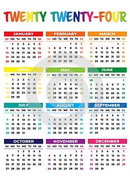 2024 Sunday Start Portrait Color Calendar