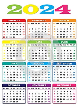 2024 Sunday Start Portrait Color Calendar