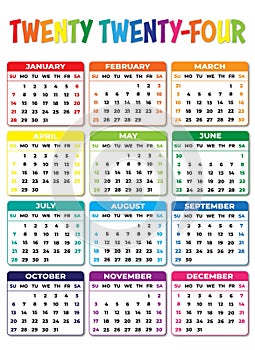 2024 Sunday Start Portrait Color Calendar