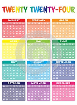 2024 Sunday Start Portrait Color Calendar