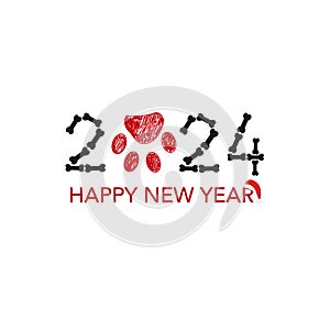 2024 text with doodle bone and paw print. Happy new year and merry christmas greeting card