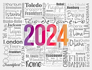 2024 travel cities word cloud collage, trip destinations concept background