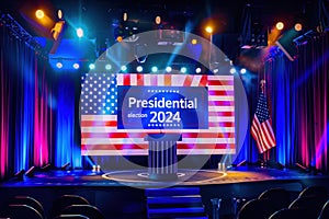 2024 US Presidential Election Stage with American Flags and Podium.