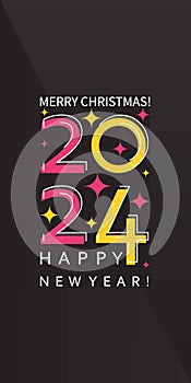 2024 Vertical Vector poster. Merry Christmas. Happy new year. Design elements for calendar. Flat geometry on black background.