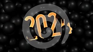 2024 video greeting card, golden text that appears under black balls - 3D rendering