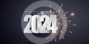2024 white numbers and firework on dark background. Merry Christmas and Happy New Year 2024 greeting card.