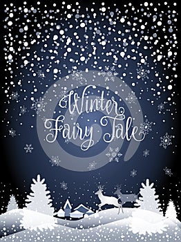 2024 Winter Fairy Tale Holiday Happy New Year Christmas Snowy Forest Landscape with reindeer