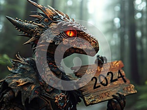 2024 is a Wood Dragon Year. Dragon holding a sign with 2024 year